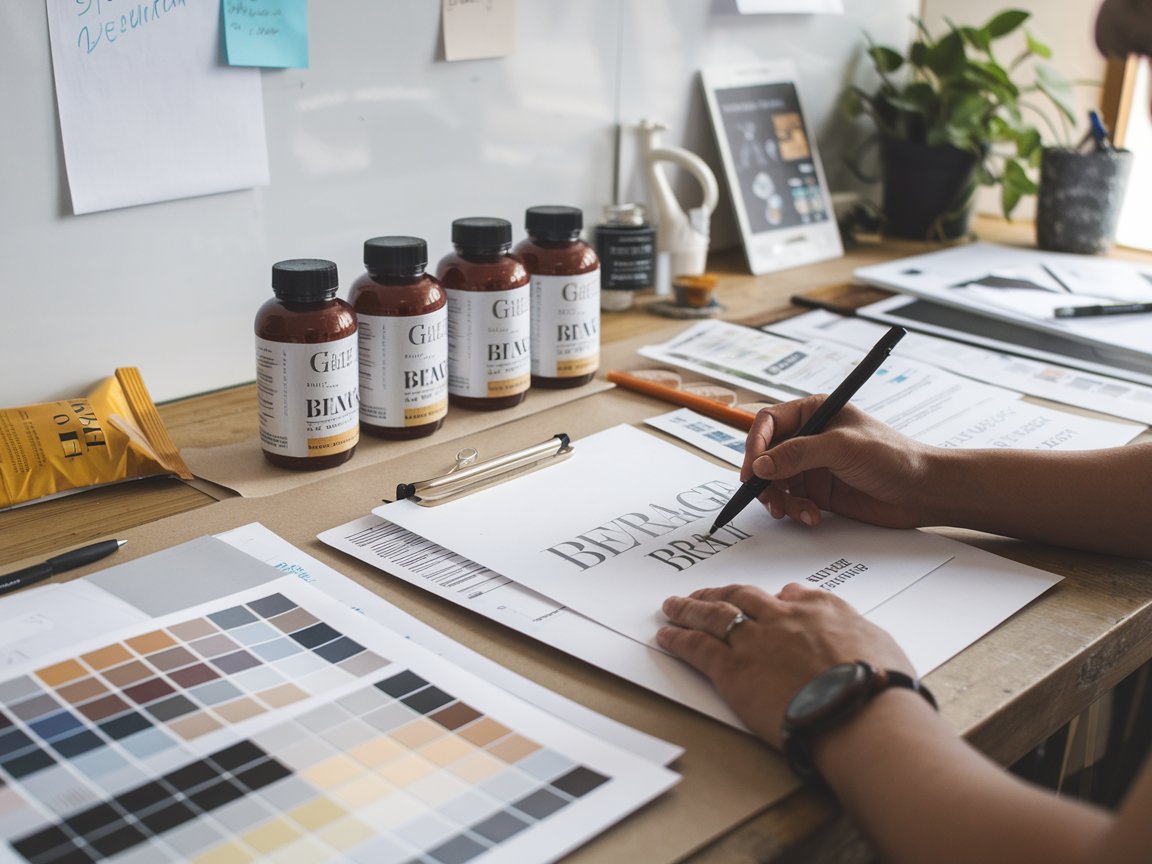 A designer working on drafts for a beverage supplement brand's logo.